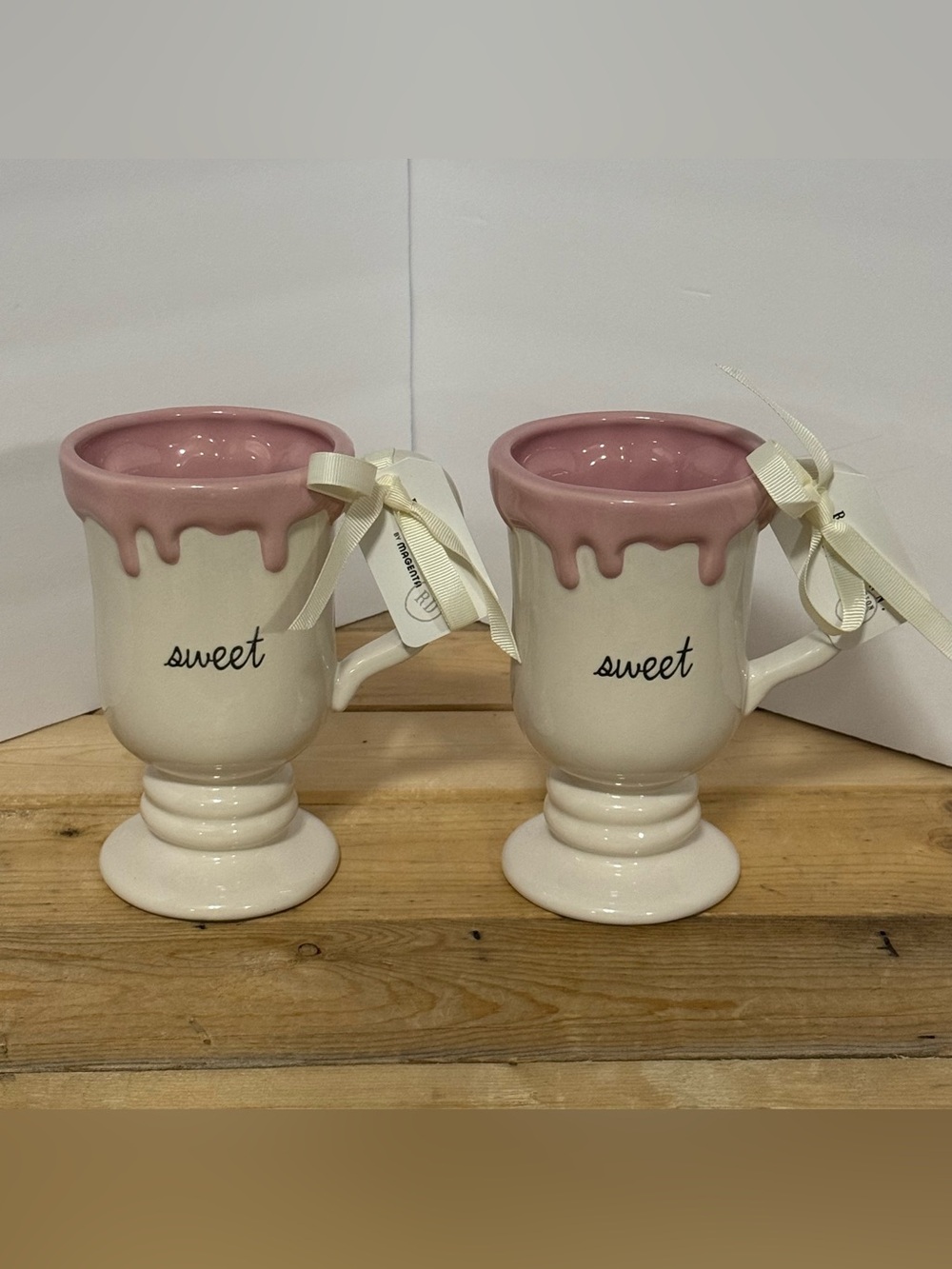 Rae Dunn Cream Pedestal Mug with Pink Drip Rim - 'sweet'
